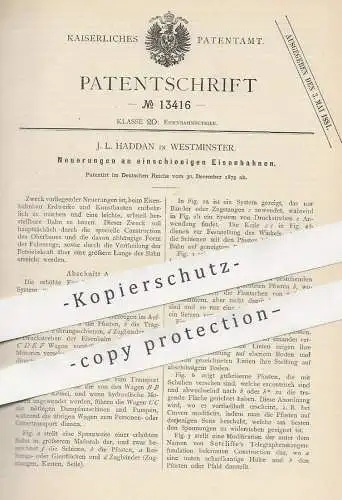 original Patent - J. L. Haddan , Westminster , 1878 , einschienige Eisenbahnen | Eisenbahn , Bahn , Schienen !!
