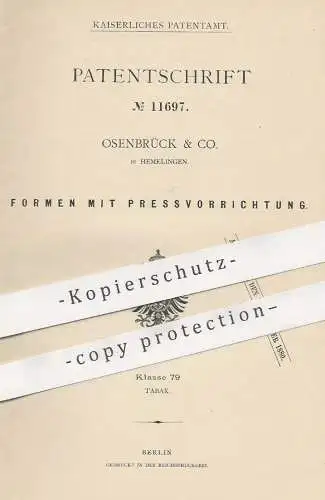 original Patent - Osenbrück & Co. , Hemelingen , 1880 , Formpresse für Zigarren | Presse , Form , Zigaretten , Tabak !!!