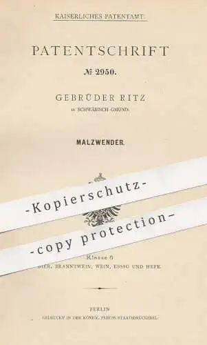 original Patent - Gebrüder Ritz , Schwäbisch Gmünd , 1877 , Malzwender | Malz | Mühle , Walze , Walzen , Walzwerk