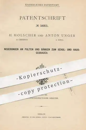 original Patent - H. Holscher , Chemnitz | Anton Unger , Riesa | 1878 | Pult , Schulbank , Bank | Schule , Möbel !!!