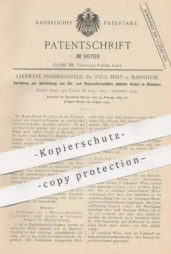 original Patent - Farbwerk Friedrichsfeld , Dr. Paul Remy , Mannheim , 1895 , Darstellung von Dis- und Polyazofarbstoff