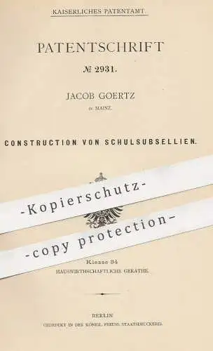 original Patent - Jacob Goertz , Mainz , 1891 , Schulsubsellien | Schulbank , Sitzbank , Tisch , Bank , Möbel , Pult