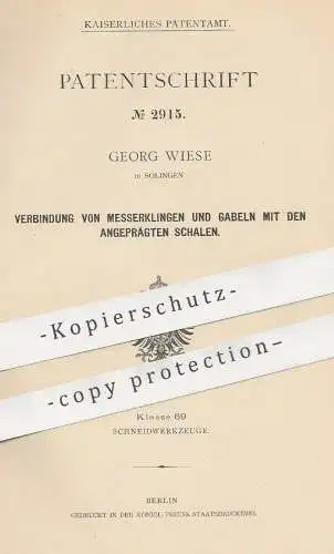 original Patent - Georg Wiese , Solingen , 1878 , Verbindung von Messerklingen u. Gabeln | Messer , Gabel , Besteck !!!