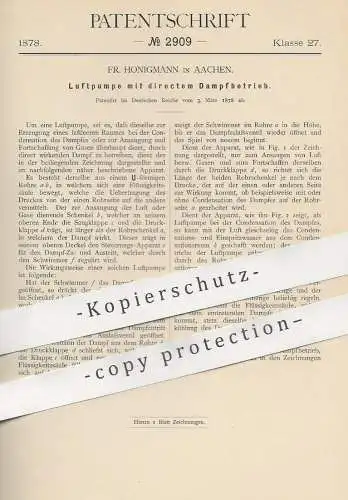 original Patent - Fr. Honigmann , Aachen , 1878 , Luftpumpe mit direktem Dampfbetrieb | Luft - Pumpe | Pumpen