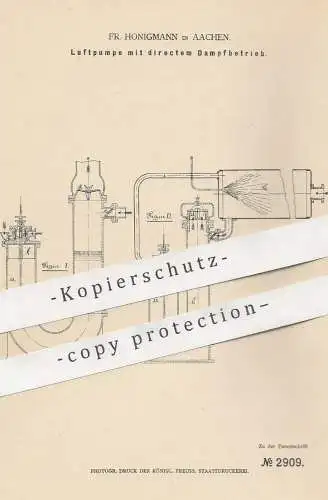 original Patent - Fr. Honigmann , Aachen , 1878 , Luftpumpe mit direktem Dampfbetrieb | Luft - Pumpe | Pumpen
