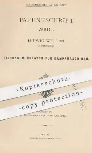 original Patent - Ludwig Witt , Wandsbeck , 1879 , Reibungsregulator für Dampfmaschinen | Motor , Regulator , Motoren !