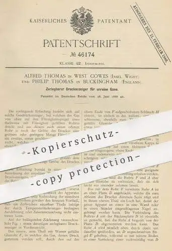 original Patent - Alfred Thomas , West Cowes | Philip Thomas , Buckingham England | 1888 | Druckanzeiger für Gas | Gase