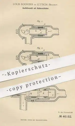 original Patent - Louis Roovers , Lüttich , Belgien , 1888 , Ausflussventil mit Kolbenschieber | Ventil , Wasserhahn !!