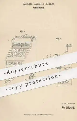 original Patent - Albert Daber , Berlin , 1881 , Notenbehälter | Noten - Pult , Schrank , Sekretär , Möbel | Musik !!