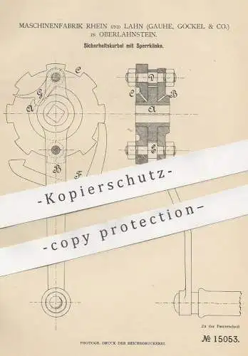 original Patent - Maschinenfabrik Rhein & Lahn / Gauhe , Gockel & Co. Oberlahnstein | Sicherheitskurbel mit Sperrklinke