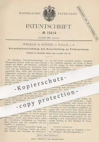 original Patent - Wegelin & Hübner , Halle / Saale , 1881 , Verschluss mit Ausschaltung an Filterpresse | Filter Presse