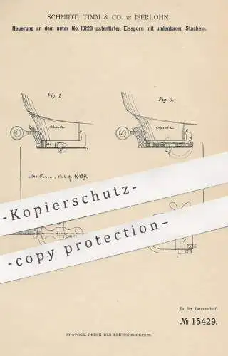 original Patent - Schmidt, Timm & Co. , Iserlohn , 1881 , Eissporn mit umlegbaren Stacheln | Eis - Sporn | Stiefel