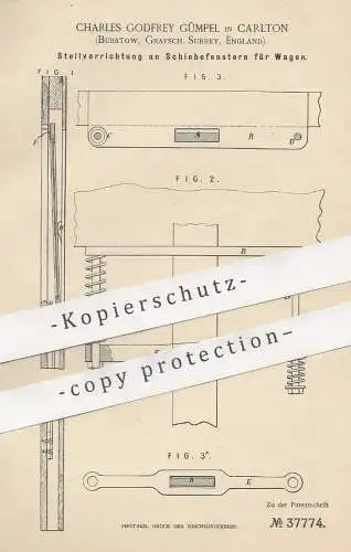original Patent - Charles Godfrey Gümpel , Carlton , Surrey , England , 1886 ,  Schiebefenster für Wagon | Eisenbahn