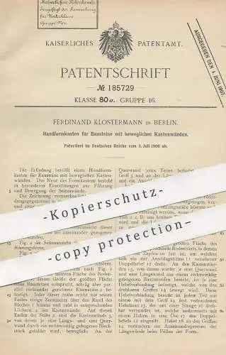 original Patent - Ferdinand Klostermann , Berlin , 1906 , Handformkasten für Bausteine | Ziegel - Form | Stein , Klinker