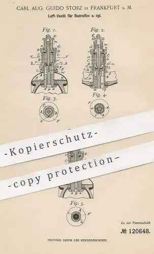 original Patent - Carl Aug. Guido Storz , Frankfurt / Main , 1898 , Luft - Ventil für Radreifen | Reifenventil , Reifen