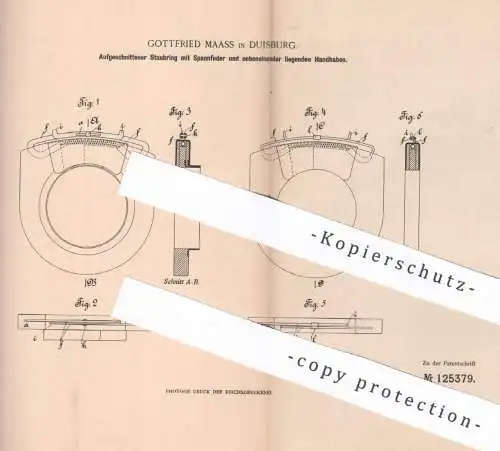 original Patent - Gottfried Maass , Duisburg , 1900 , Aufgeschnittener Staubring mit Spannfeder | Ring , Feder , Hub