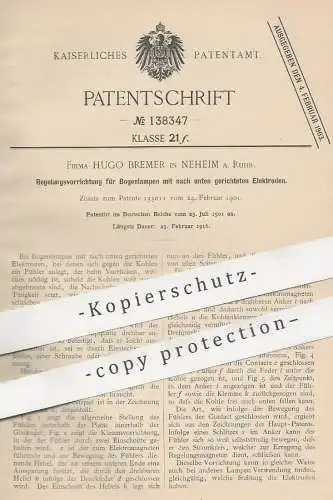 original Patent - Hugo Bremer , Neheim / Ruhr , 1901 , Regelung für Bogenlampen mit Elektroden | Wagner'scher Hammer