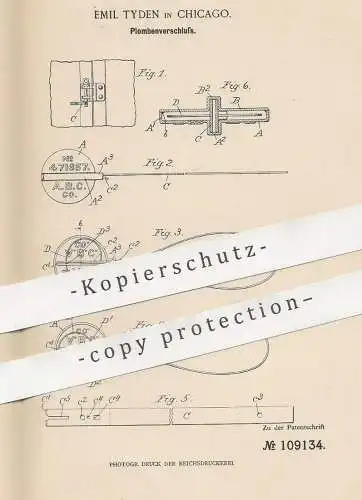 original Patent - Emil Tyden , Chicago , USA , 1897 , Plombenverschluss | Plombe , Verschluss | Kiste , Tür , Transport