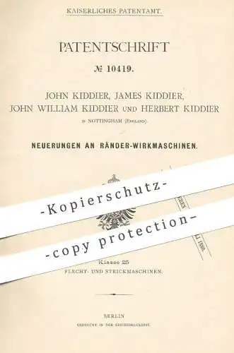 original Patent - Familie Kiddier ,  Nottingham , England , 1879 , Ränder - Wirkmaschine | Wirkstuhl | Cotton !!!