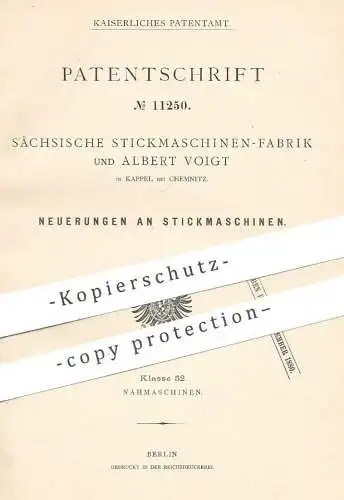 original Patent - Sächsische Stickmaschinen Fabrik , Albert Voigt , Kappel / Chemnitz , 1880 , Stickmaschine | Sticken
