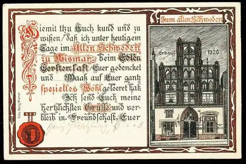 AK Gaststätte zum alten Schweden Wismar , gelaufen 1912 , Mecklenburg , Restaurant , Ansichtskarte , Markt !!!