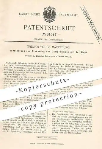 original Patent - William Voit , Magdeburg , 1884 , Steuerung von Dampfpumpen per Hand | Dampfmaschine , Pumpe !!