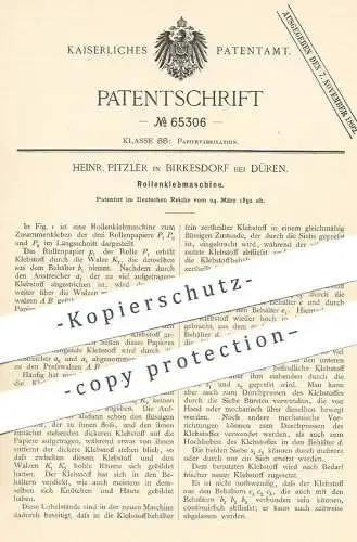 original Patent - Heinr. Pitzler , Birkesdorf / Düren , 1892 , Rollenklebmaschine |  Papier | Papierfabrik | Kleber !!