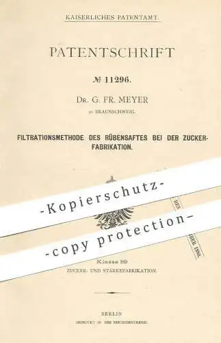 original Patent - Dr. G. Fr. Meyer , Braunschweig  1880 , Filtration von Rübensaft bei Zuckerfabrikation | Zucker , Rübe