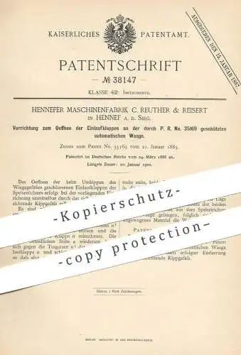 original Patent - Hennefer Maschinenfabrik C. Reuther & Reisert , Hennef / Sieg , 1886 , automatische Waage | Waagen !!!