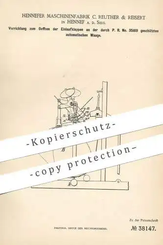 original Patent - Hennefer Maschinenfabrik C. Reuther & Reisert , Hennef / Sieg , 1886 , automatische Waage | Waagen !!!