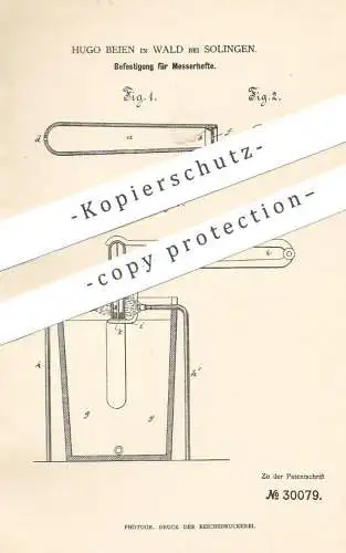 original Patent - Hugo Bien , Wald / Solingen , 1884 , Befestigung für Messerhefte | Messer , Klinge , Schneidwerkzeug