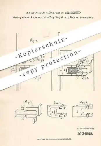 original Patent - Luckhaus & Günther , Remscheid , 1885 , Türschloss - Tagriegel mit Doppelbewegung | Tür Schloss Riegel