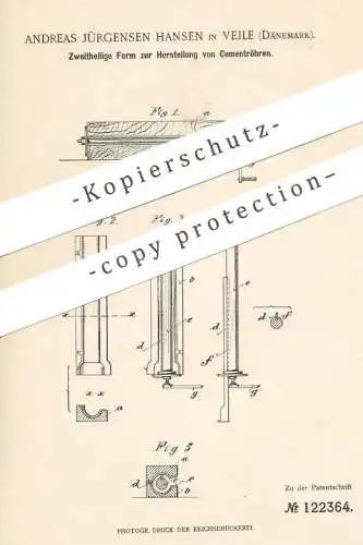 original Patent - Andreas Jürgensen Hansen , Vejle , Dänemark , 1900 , Form zur Herstellung von Zementröhren | Beton !!
