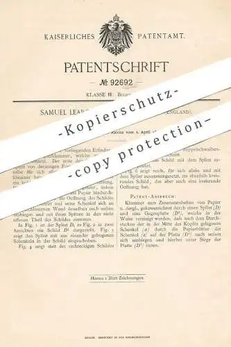 original Patent - Samuel Learoyd , Huddersfield , England , 1896 , Papierklammer | Büroklammer , Papier , Buchbinder !