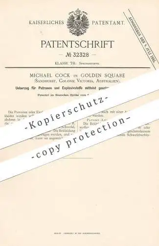 original Patent - Michael Cock , Golden Square , Sandhurst , Victoria Australien | Überzug für Patronen mittels Schwefel