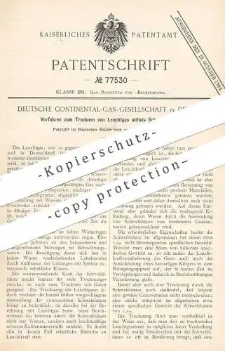 original Patent - Deutsche Continental Gas Gesellschaft , Dessau , 1893 , Trocknen von Leuchtgas per Schwefelsäure | Gas