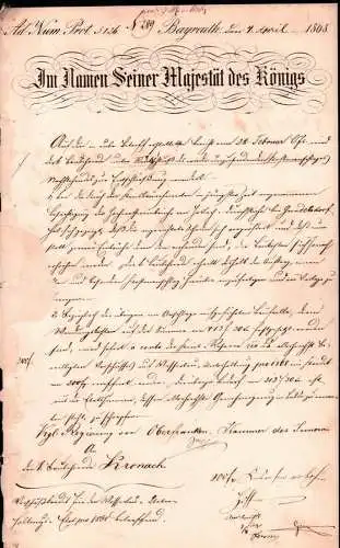 Dokument Adel , Kronach in Oberfranken 1868 , Bayreuth !!!