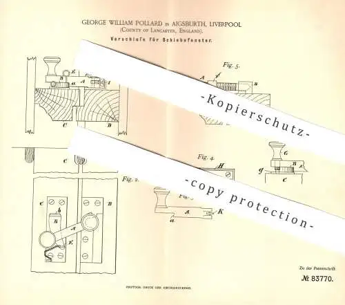 original Patent - George William Pollard , Aigsburth , Liverpool , Lancaster , England , 1894 , Fenster - Verschluss