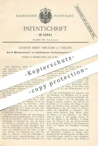 original Patent - Charles Henry Bingham , Utrecht / Holland / Niederlande , 1887 , Getränke - Automat mit Münzeinwurf !