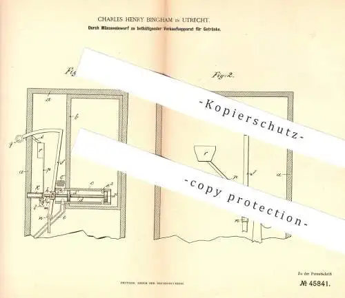 original Patent - Charles Henry Bingham , Utrecht / Holland / Niederlande , 1887 , Getränke - Automat mit Münzeinwurf !