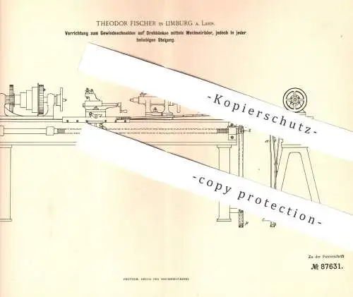 original Patent - Theodor Fischer , Limburg / Lahn , 1895 , Gewindeschneiden auf Drehbank | Metall | Stahl , Eisen !!!