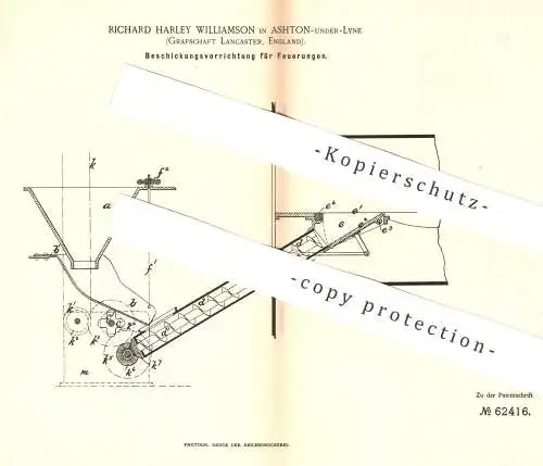 original Patent - Richard Harley Williamson , Ashton , Lancaster , England 1891 , Beschickung für Feuerung | Dampfkessel