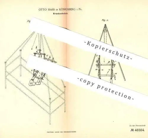 original Patent - Otto Hass , Königsberg / Preußen  1888 , Krankenheber | Aufzug für Krankenbett | Flaschenzug , Medizin