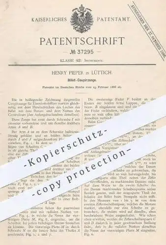 original Patent - Henry Pieper , Lüttich  1886 , Billet - Coupierzange | Fahrkarten - Lochzange | Fahrschein | Eisenbahn