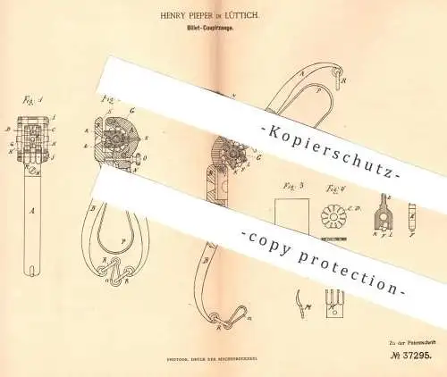 original Patent - Henry Pieper , Lüttich  1886 , Billet - Coupierzange | Fahrkarten - Lochzange | Fahrschein | Eisenbahn