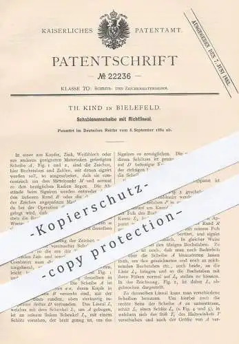 original Patent - Th. Kind , Bielefeld , 1882 , Schablone mit Richtlineal | Lineal | Schablone mit Buchstaben und Zahlen