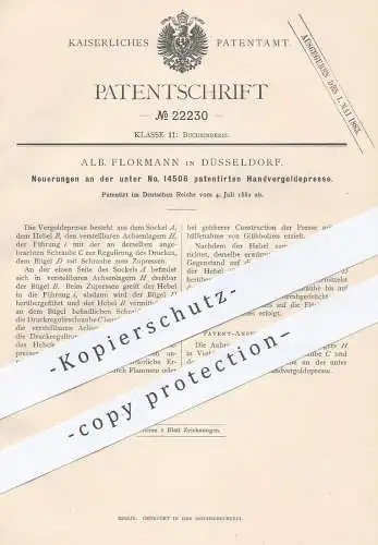 original Patent - Alb. Flormann , Düsseldorf , 1882 , Handvergoldepresse | Vergoldepresse | Presse , Gold , Buchbinder !