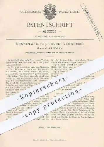 original Patent - Poensgen & Co. und J. F. Hauser , Düsseldorf , 1882 , Mantel - Füllofen | Ofen , Öfen , Heizung !!