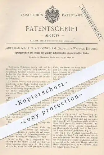 original Patent - Abraham Martin , Birmingham , Grafschaft Warwick , England , 1891 , Sprenggeschoss | Geschoss , Waffen