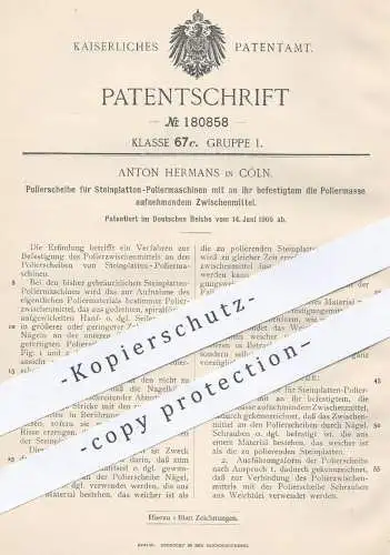 original Patent - Anton Hermans , Köln , 1906 , Polierscheibe für Steinplatten - Poliermaschinen | Steinmetz , Gestein !
